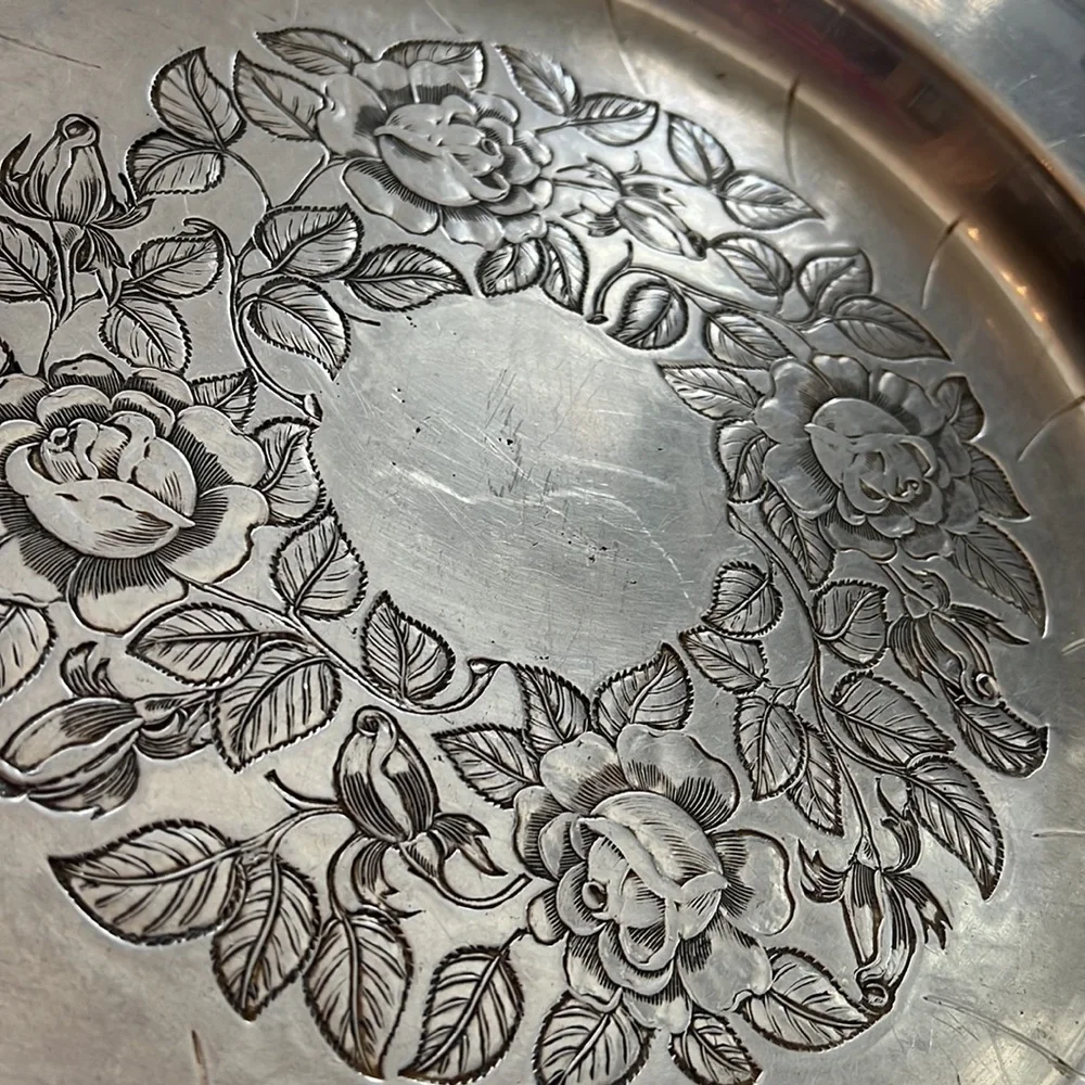Vintage World Hand Forged Floral Stamped Aluminum Serving Platter 14” Diameter